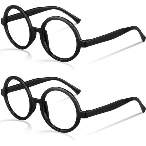 Teppc-2 Pièces Lunettes Rondes Sorcier Sans Lentilles, Lunettes Rondes Noires Halloween De Cadre En Plastique Accessoire Fête De Déguisement Costume École Fête Cosplay, Grande Taille