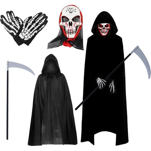 Teppc-Costume De Faucheuse,Halloween Costume De Faucheuse,Skeleton Gloves And Death Scythe,Effrayante Avec Cape À Capuche Noire,Grim Reaper Costume Cape À Capuchon, Taille Unique