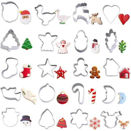 Lot De 20 Mini Emporte-Pièces De Noël En Acier Inoxydable Avec Bonhomme En Pain D'épices, Arbre À Neige, Flocon De Neige, Canne À Sucre, Père Noël, Bonhomme De Neige, Renne Et Plus Encore