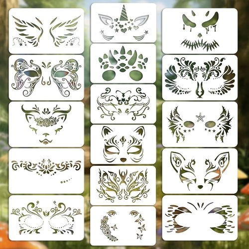 Teppc-Lot De 16 Pochoirs De Maquillage Réutilisables Pour Enfants Avec Licorne, Masques D'animaux, Fleurs, Ailes Et Motifs D'halloween, Idéal Pour Les Fêtes, Le Carnaval Et Le Bricolage