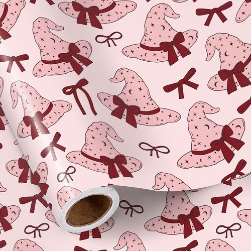 Teppc-Rouleau De Papier Cadeau Halloween Pour Filles, Mini Rouleau, Adorable Motif Chapeau De Sorcière Rose Avec N?ud Et Étoile, Papier Cadeau Mignon Pour Cadeaux D'halloween, 43,2cm X 5m