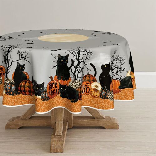 Sjzg-Nappe Ronde 140 Cm - Motif Chat Noir, Arbres, Citrouilles - Protection Saisonnière Contre Les Taches - Linge De Table Pour Cuisine, Décoration De Fête