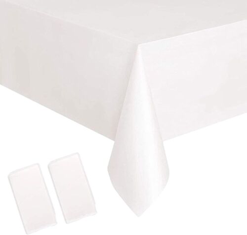 KALANKA-2 pièces 137 * 274cm Blanc Nappes Jetable,Rectangulaire Imperméables Nappe Plastique Décoration de Table pour Anniversaire,Fêtes,Mariages,Pique-niques,Halloween,Noël,Jardin Extérieur