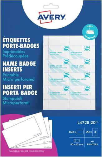 Avery Pochette De 200 Inserts Imprimables Pour Badges. En Carte Blanche 190g/M². Format 90 X 54 Mm. Impression Laser / Jet D'encre. (L4727-20)