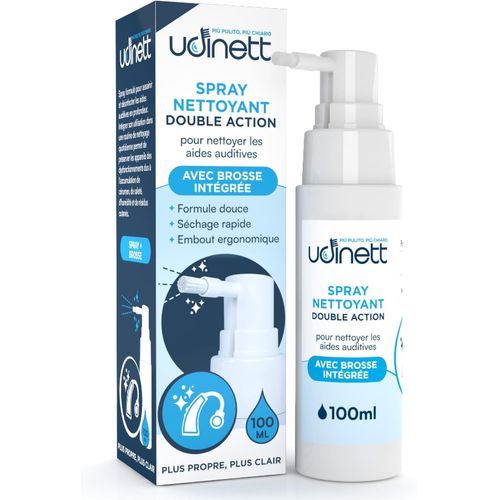 Kalanka-Nettoyant Pour Appareils Auditifs Spray Brosse Intégrée 100ml - Udinett Nettoyage Quotidien Efficace - Formule Douce Hygiénisante Sans Alcool - Élimine Le Cérumen Et La Saleté 