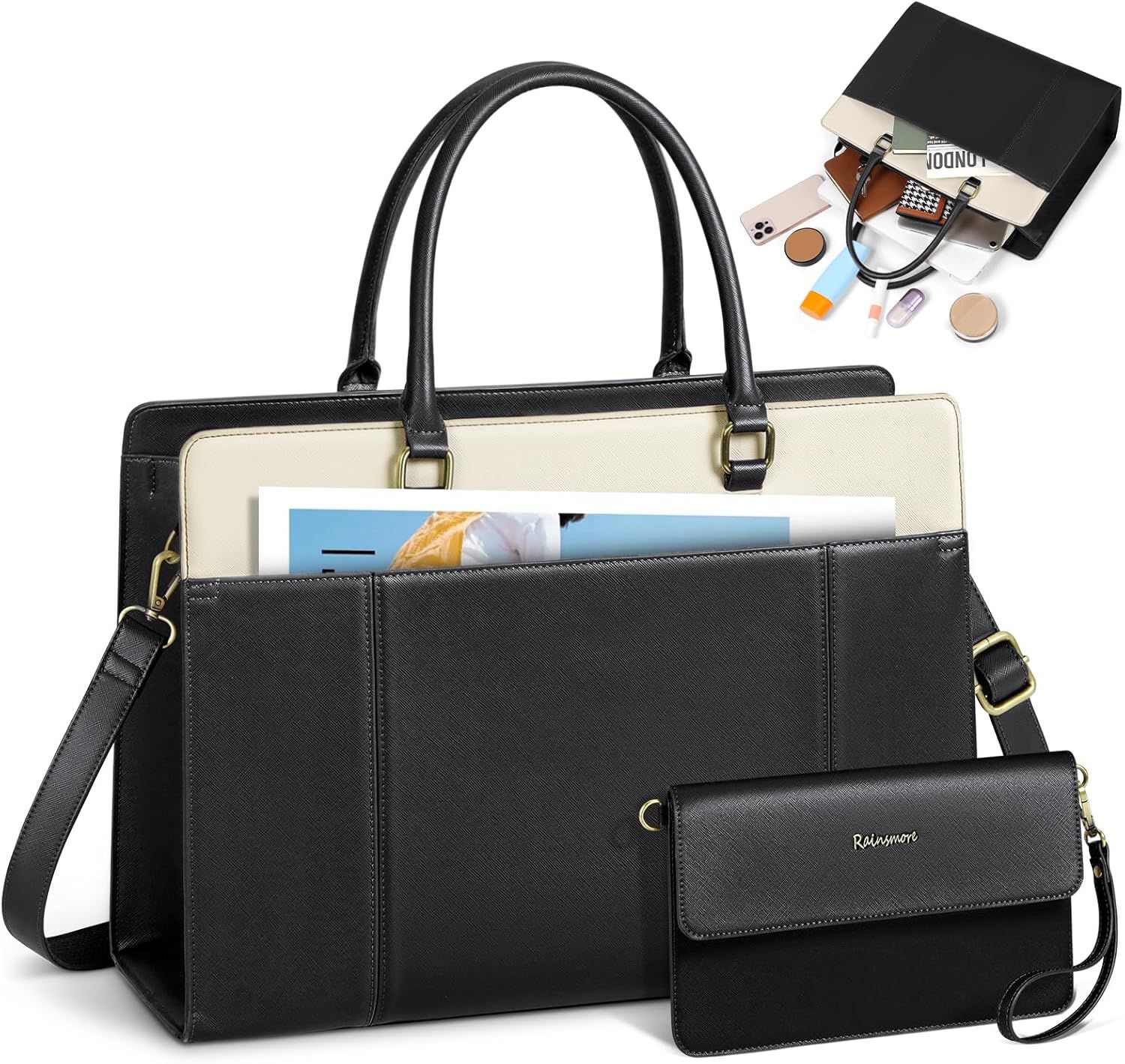 RAINSMORE Sac Cabas Femme Grand Sac à Main Sac Ordinateur Portable 15.6 Pouces De Cours PU Cuir Avec Pochettes Et Clutches Pour Affaires Travail