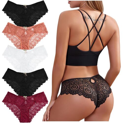 Kalanka-Lot De 5 Culotte Dentelle Sexy Pour Femme String Femme Sexy Chic Tanga Sous Vêtements Féminins Lingerie Shorties Hipster Stretch Slips Ultra Minces
