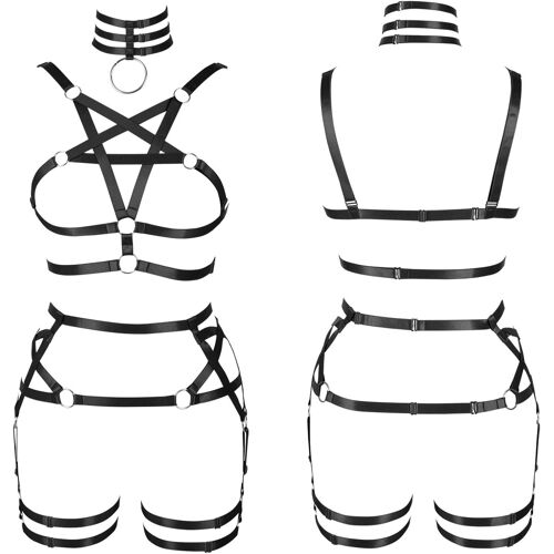Kalanka-Ensemble Harnais De Corps Pour Femme Avec Soutien-Gorge Pentagramme Porte-Jarretelles Punk Gothique Carnaval Halloween Élastique Réglable Costume De Danse