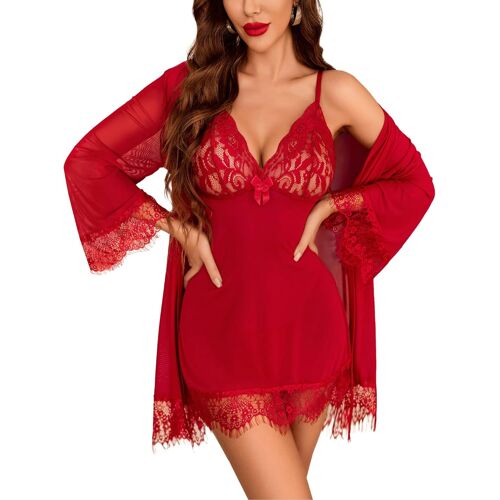 Kalanka-Ensemble De Lingerie Pour Femmes 3 Pièces Sexy Dentelle Sous-Vêtements Nuisette Lingerie Ensemble Peignoir En Résille Nuisette Kimono Jarretelles Lingerie Érotique Babydoll Avec Culotte