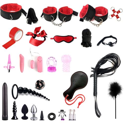 Kalanka-Menottes Sex Parfait Set 28 Pièces,Menottes Lit Sexe Et Anal Plug,Pinces À Mamelons Mamelons,Fouet Et Masque Pour Les Yeux,Sm Jouets Sexuels Pour Couples Jouets Sexuels Extrêmes Les Deux