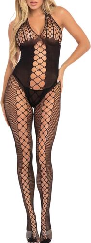 Kalanka-Lingerie Sexy Dentelle Femmes Bodystocking Coquin Résille Combinaison Maille Sans Manches Body Bretelles Ouvert Avec Bas Collants Élastiques Vêtements Nuit Nuisettes Ajourés Tenue Soirée