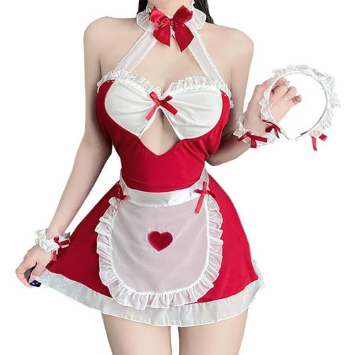 Kalanka-Costume De Femme De Chambre Lolita Ensemble Lingerie Mini Robe Licou Sexy Maid Cosplay Uniform Femme De Ménage Babydoll Déguisement Kawaii Anime Soubrette Tablier Dos Nu
