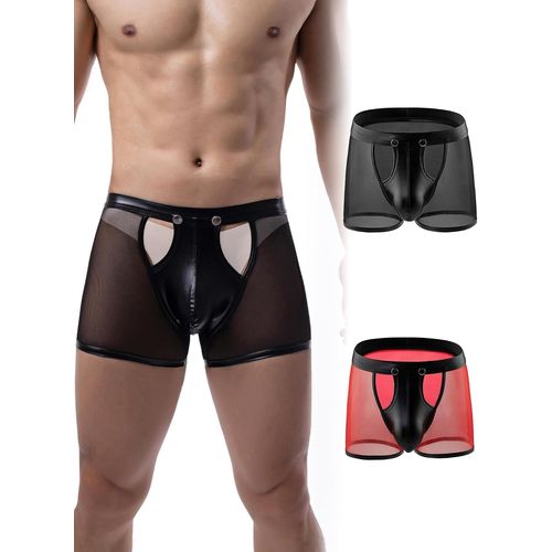 Kalanka-Boxer Homme Sexy Erotique Slip Sexy Chic Ouvert Simili Cuir Sous Vetement Grande Taille Avec Ceinture Élastique Transparent Sissy Lingerie Shorts