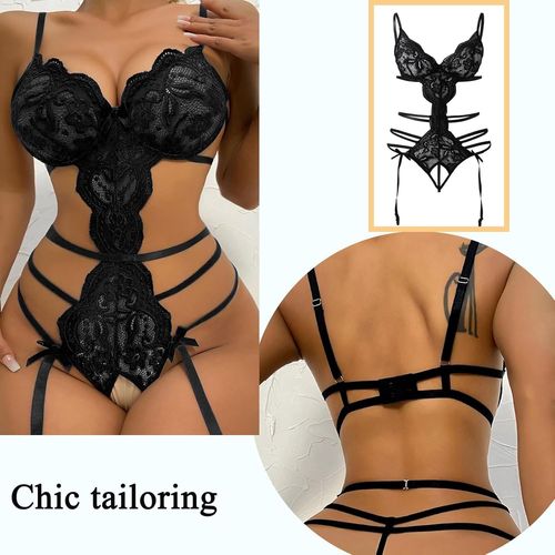 Kalanka-Lingerie Sexy Pour Femme En Dentelle Avec Noeud Réglable Lingerie Transparente Une Pièce Tenue De Déshabillé Lingerie De Nuit Pour Femme Nuisette Noir/Rouge (Noir, Taille Unique)