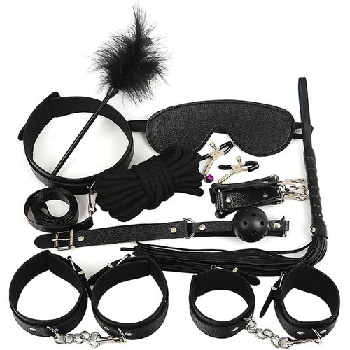 Kal-Bdsm Set De 10 Pièces Menottes Bâillon Bandeau Pour Les Yeux Fouet Pinces À Mamelons Attaches Jouets Sexuels Pour Couples Jeux De Rôle Extrêmes (Black)