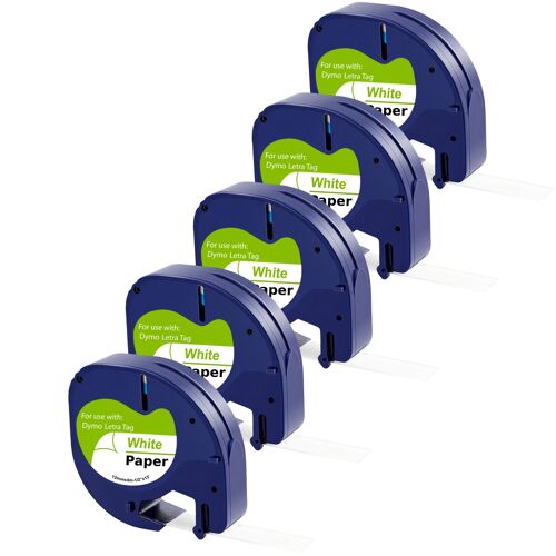 Lot de 5 Rubans Blanc compatible Dymo LetraTag - Etiquette papier 91200 12mm x 4m Phonillico®