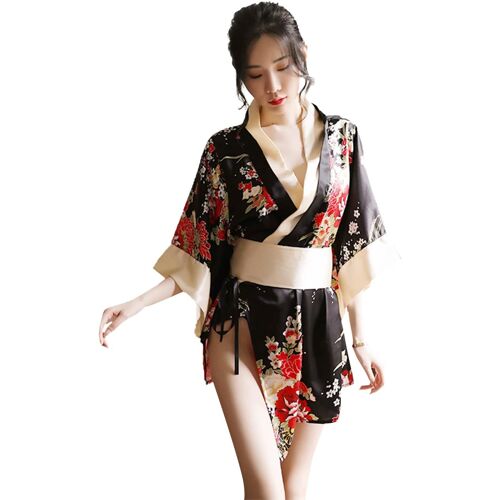 Kalanka-Ensemble De Lingerie Sexy Japonaise Pour Femme - Robe Imprimée - Geisha Cosplay - Sous-Vêtements - Peignoir Court Avec Ceinture - Kimono Sexy - Col En V - Satin - Pyjama Kimonos De Plage -