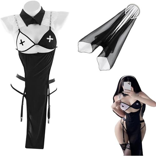 Kalanka-Lingerie Sexy Pour Femme - Costume De Nonne - Costume De Diable - Costume D'halloween Gothique Avec Fente Haute