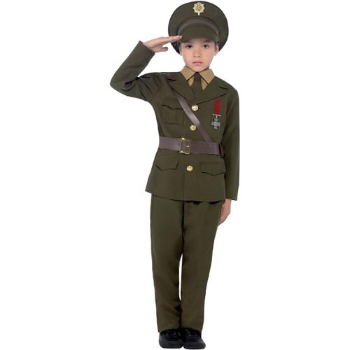 Kalanka-Smiffys Costume D'officier De L'armée, Vert Avec Veste, Ceinture, Pantalon, Chapeau, Fausse Chemise Et Cravate, Déguisement Pour Garçon, Costume Des Années 1940