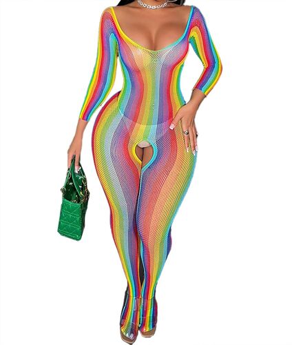 Kalanka-Rainbow Rave Tenues Pour Femme - Vêtement De Nuit À Manches Longues - Combinaison Exotique Fishnet - Grande Taille - Lingerie Danseuse