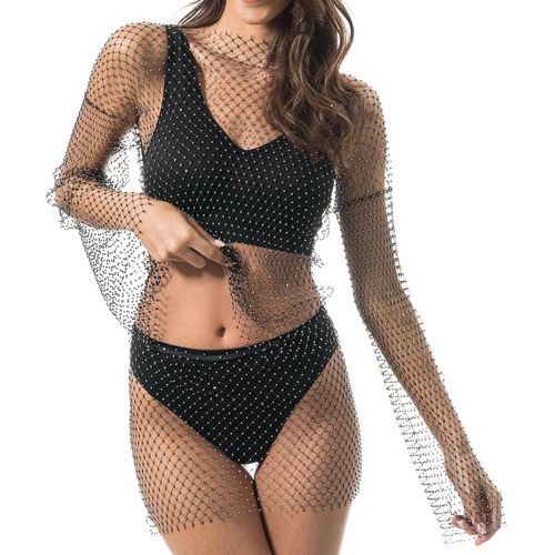 Kalanka-¿ Tenue En Maille Pailletée Pour Femmes, Look Transparent Orné De Strass, À Porter Comme Cache-Maillot Pour Les Festivals, La Plage Et Les Soirées