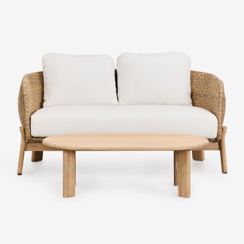 Ensemble de salon Leilan avec canapé 2 places et table basse en bois d'acacia et rotin Acacia Marron Clair