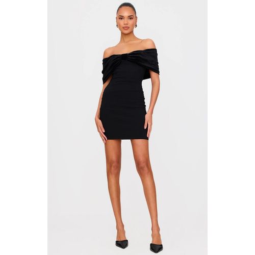 Mini Robe Tissée Stretch Noire À Col Bardot Et Noeud En Velours, Noir