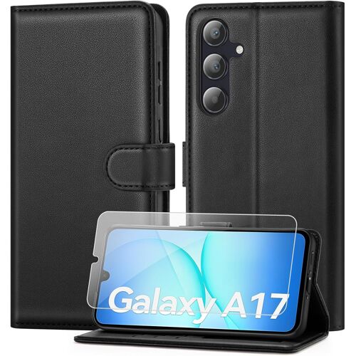 SUBZONAL-Coque pour Samsung Galaxy A17 avec Verre Trempé, étui Cuir PU Magnétique Pochette de Portefeuille , Housse de Fonction Stand Video Porte Carte Credit à Rabat pour Samsung A17 5G/4G - Noir