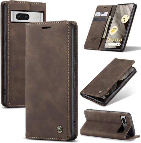 SJZG-Coque Pour Google Pixel 7 5G Premium Housse Cuir Protection Pochette Rabat Portefeuille Flip Case Porte Magnétique Coque Étui Pour Google Pixel 7, Café