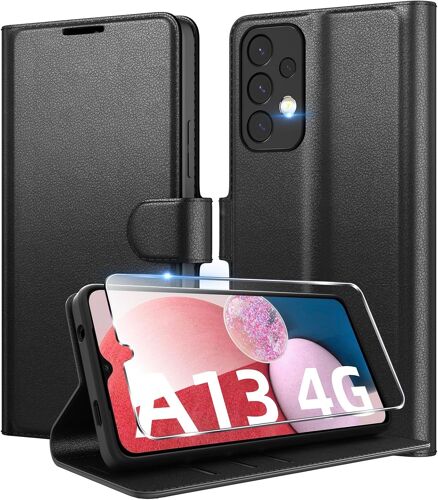 Coque Pour Samsung Galaxy A13 4G (Pas Pour 5G) En Premium Cuir Pu, Portefeuille Housse Etui Pour Cartes Protection Anti-Choc Flip Case Avec 1 Verre Trempé Noir