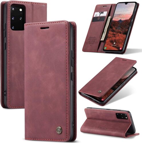 SJZG-Coque Pour Samsung Galaxy S20 Plus 5G Premium Housse Cuir Protection Pochette Rabat Portefeuille Flip Case Porte Magnétique Coque Étui Pour Samsung Galaxy S20 Plus, Vin Rouge