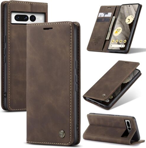 SJZG-Coque Pour Google Pixel 7 Pro 5G Premium Housse Cuir Protection Pochette Rabat Portefeuille Flip Case Porte Magnétique Coque Étui Pour Google Pixel 7 Pro, Café
