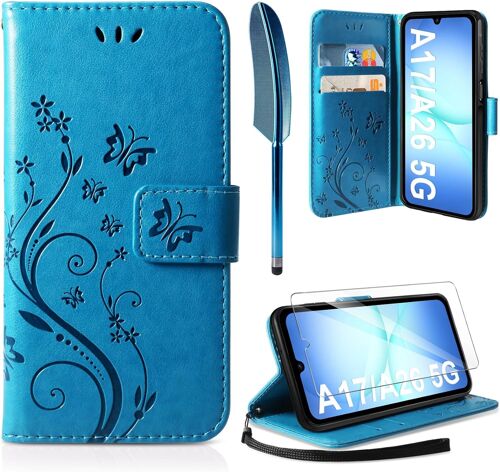 JGD-Coque Compatible avec Samsung Galaxy A17 / A26 5G, Retro Design PU Etui Housse en Cuir Portefeuille de Protection Fonction Stand Video Porte Carte Credit Ticket Flip Case Bleu