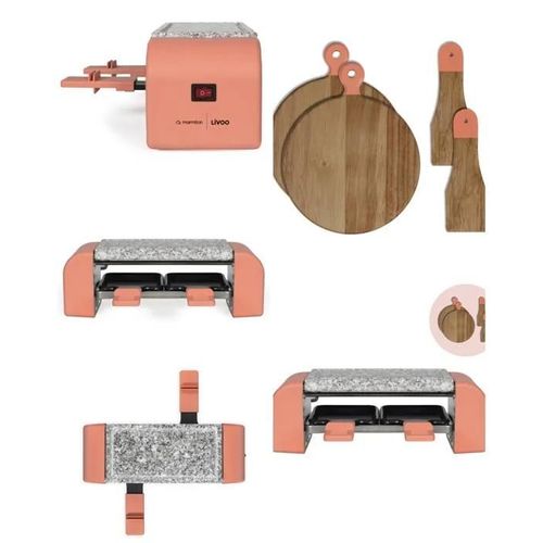 Appareil à raclette 2 personnes ROSE plateau en granite pieds antidérapants + 2 planches et 2 spatules en bois d'acacia