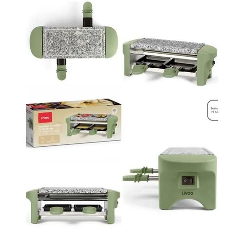 Raclette avec Pierre de Cuisson 350W VERTE Duo 2 mini poêlons anti adhérents VERT