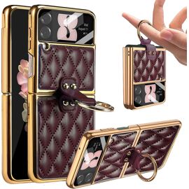 SJZG-Compatible Avec Coque Z Flip 4, Coque De Luxe En Cuir Pu À Motif Rhombus Avec Cadre Plaqué & Film Protecteur De Appareil Photo & Anneau De Support Pour Samsung Z Flip 4 (Brun Rougeâtre)