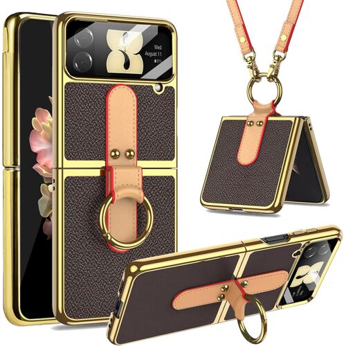acdsgd-Compatible avec Coque Samsung Galaxy Z Flip 4 Cuir,Protection de Appareil PhotoLanyard + Anneau de Support pour Samsung Galaxy Z Flip 4 (Marron)