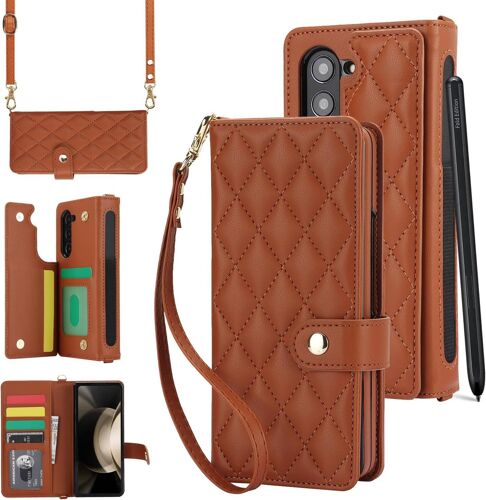 SJZG-Pour Samsung Galaxy Z Fold 6 Etui De Téléphone En Portefeuille Cuir Avec 2 Lanières Amovibles, Avec Porte-Stylo, Luxe Magnétiques Fermoirs Antichoc Rabat Coque Avec Porte-Cartes, Brun