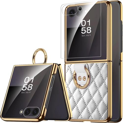 TRAHOO-Pochette pour Samsung Galaxy Z Flip 7 avec Bague, [Verre Trempé HD], PU Cuir Souple+PC Rigide Solide Antichoc Résistant aux Rayures Élégant Fine Coque Protection Samsung Flip 7 (Blanc)