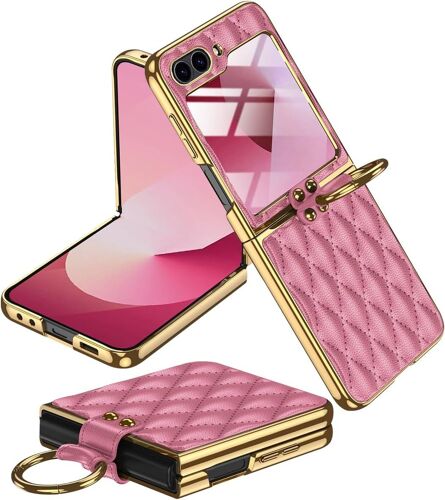 SJZG-Coque En Cuir Pour Samsung Galaxy Z Flip 7 Fe/Z Flip 6, Coque De Protection Avec Anneaux Et Protecteur D'Écran, Case Antichoc Et Antidérapante Pour Samsung Galaxy Flip7 Fe/Flip6 (Rose)