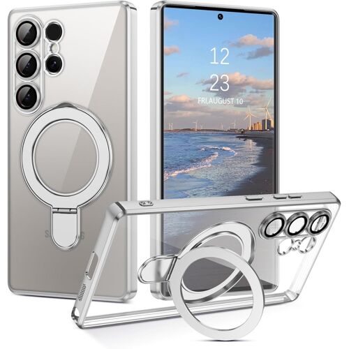 SJZG-Coque Magnétique Pour Samsung S25 Ultra Avce Support Métallique Compatible Magsafe Protection Antichoc Qualité Militaire Adapté Aimant Voiture Étui Housse Arrière Translucide Givrée (Gris)