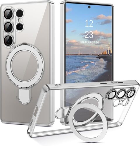 SJZG-Coque Magnétique Pour Samsung S25 Ultra Avce Support Métallique Compatible Magsafe Protection Antichoc Qualité Militaire Adapté Aimant Voiture Étui Housse Arrière Translucide Givrée (Gris)