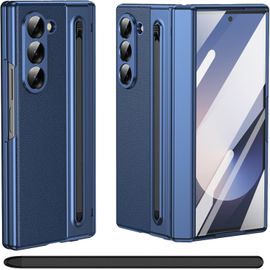 Cauc-Pour Samsung Galaxy Z Fold 5 Étui Avec Support S Pen, [Avec Protecteur D'écran En Verre Trempé], Étui En Cuir Samsung Galaxy Z Fold5 Avec Protection De Charnière-Bleu