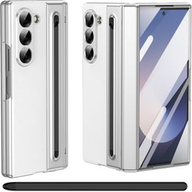 Sjzg-Pour Samsung Galaxy Z Fold 5 Étui Avec Support S Pen, [Avec Protecteur D'écran En Verre Trempé], Étui En Cuir Samsung Galaxy Z Fold5 Avec Protection De Charnière-Blanc