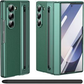 Sjzg-Pour Samsung Galaxy Z Fold 5 Étui Avec Support S Pen, [Avec Protecteur D'écran En Verre Trempé], Étui En Cuir Samsung Galaxy Z Fold5 Avec Protection De Charnière-Vert