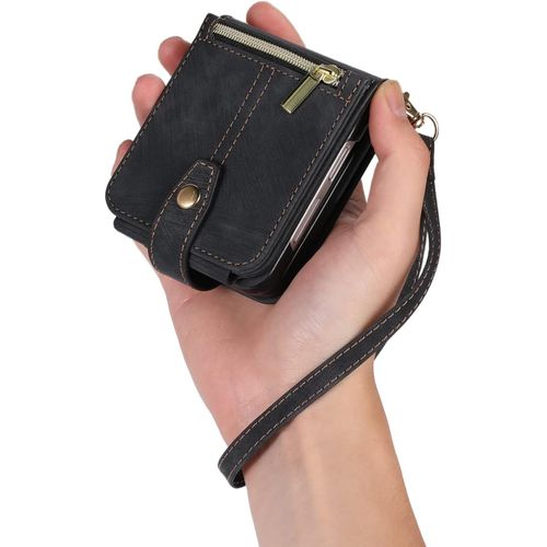 Sjzg-Étui Pour Samsung Z Flip 7 Fe/Z Flip 6/Z Flip 5 5g, Portefeuille Cuir Pu Rabat Housse Avec Dragonne Fentes Cartes Fonction Support Fermeture Magnétique Protection Complète, Vintage Noir