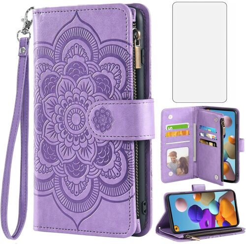 SJZG-Coque Pour Samsung Galaxy A21S Portefeuille Avec Verre Trempé Et Porte Carte Chaine Pu Cuir À Clapet Mandala Étui Housse Support À A 21S Fleur Vitre Protection Etui Téléphone Case Femme Violet