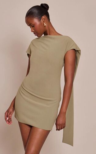 Mini Robe Bustier Tissée Taupe À Manches Drapées, Taupe