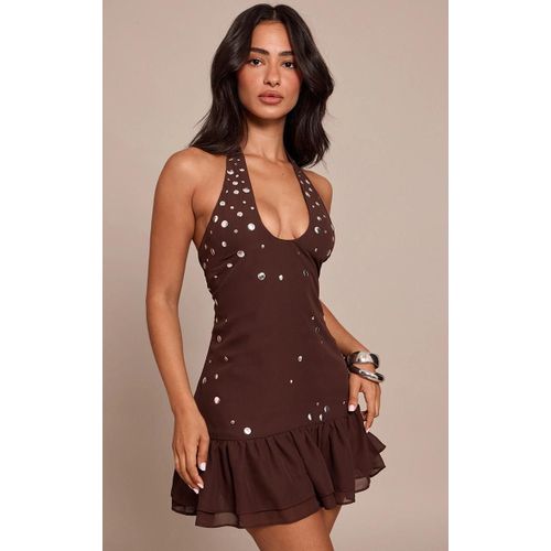 Petite Robe Marron À Clous Et Volants, Marron