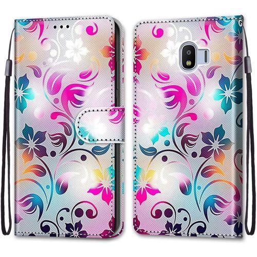 Coque Pour Portefeuille Etui A Rabat En Pu Cuir Motif,Poche Porte-Cartes,Multi-Usage Peint Housse Cuir Case Magnetique Fleur Coloree Protection Pour Samsung Galaxy J2 Pro 2018/J2 2018